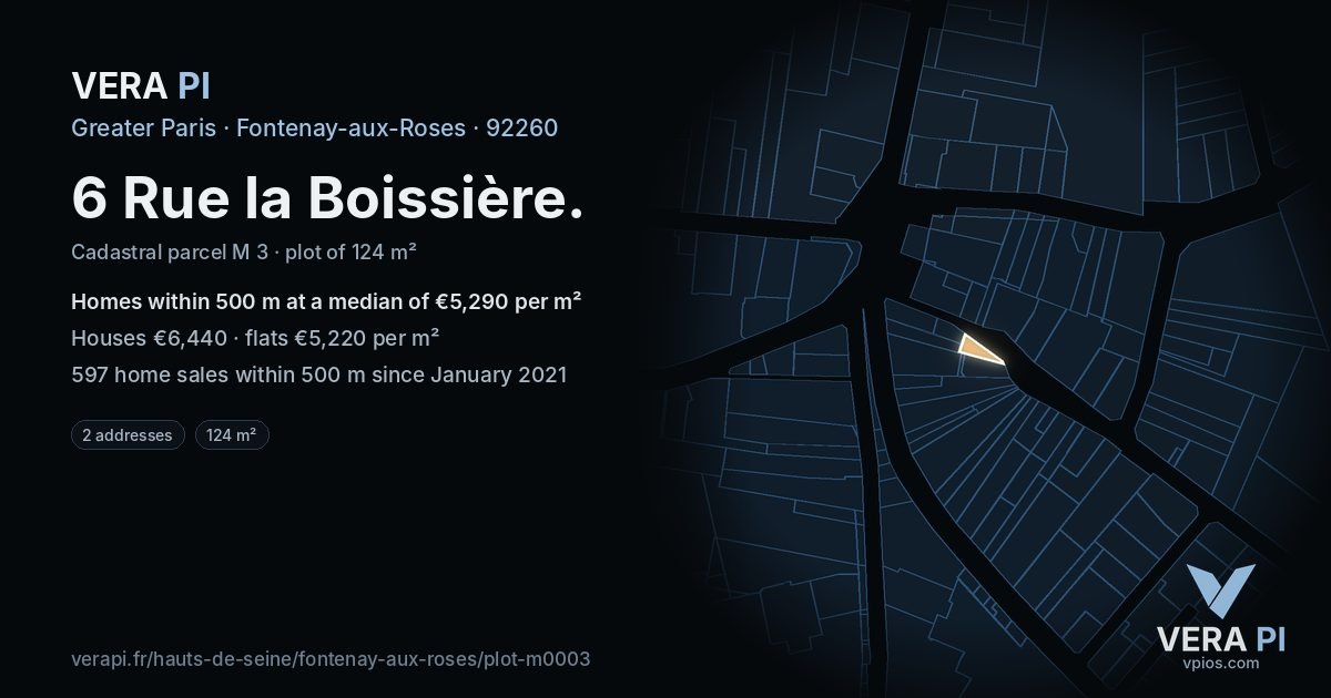 6 Rue la Boissière, Fontenay-aux-Roses at night – the plot lit, the parcels around coloured by the prices near them