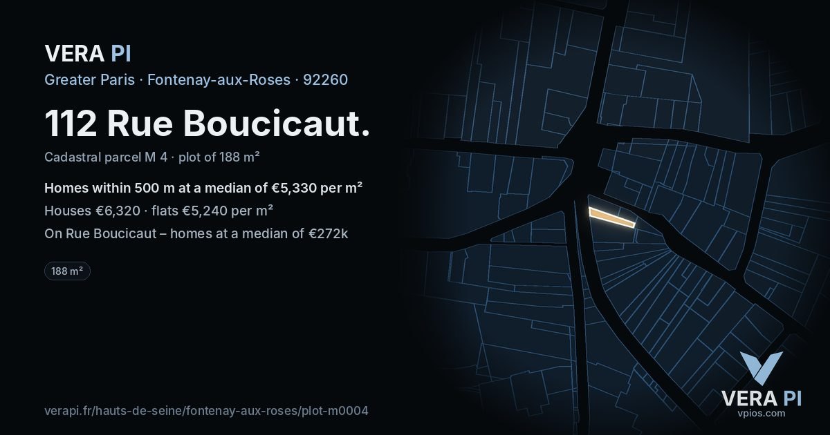 112 Rue Boucicaut, Fontenay-aux-Roses at night – the plot lit, the parcels around coloured by the prices near them