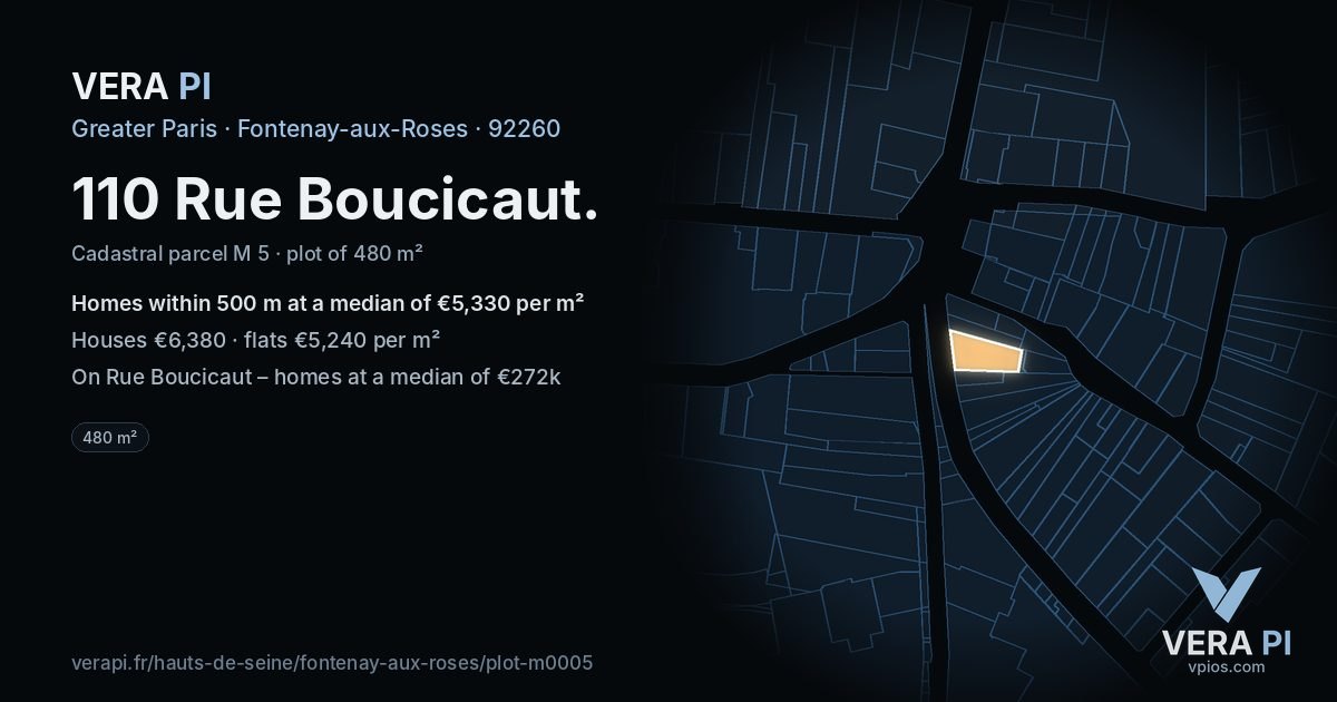 110 Rue Boucicaut, Fontenay-aux-Roses at night – the plot lit, the parcels around coloured by the prices near them