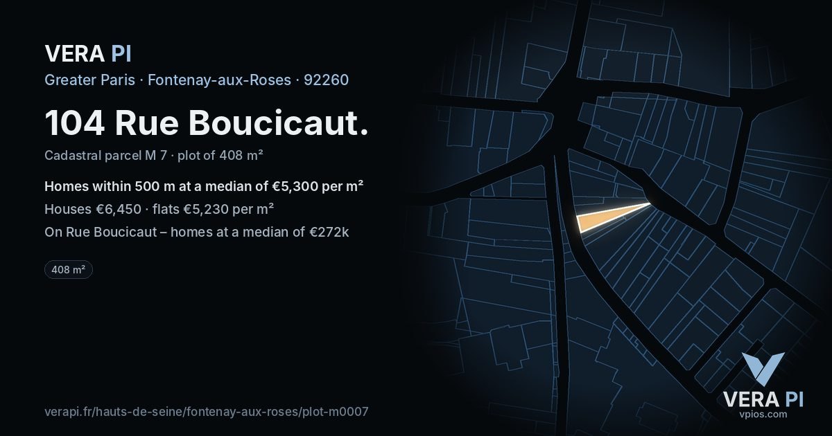 104 Rue Boucicaut, Fontenay-aux-Roses at night – the plot lit, the parcels around coloured by the prices near them