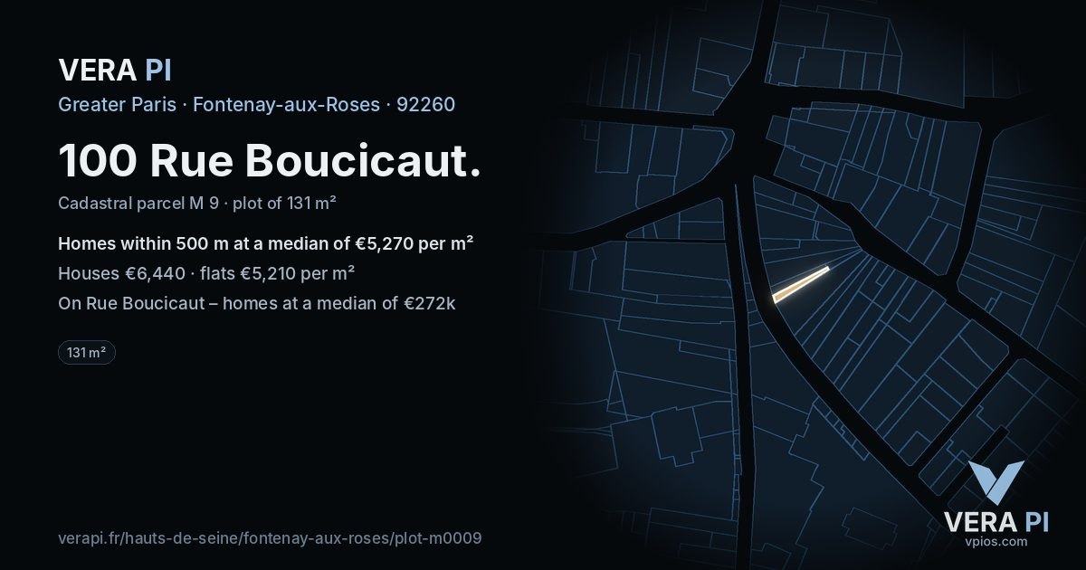 100 Rue Boucicaut, Fontenay-aux-Roses at night – the plot lit, the parcels around coloured by the prices near them