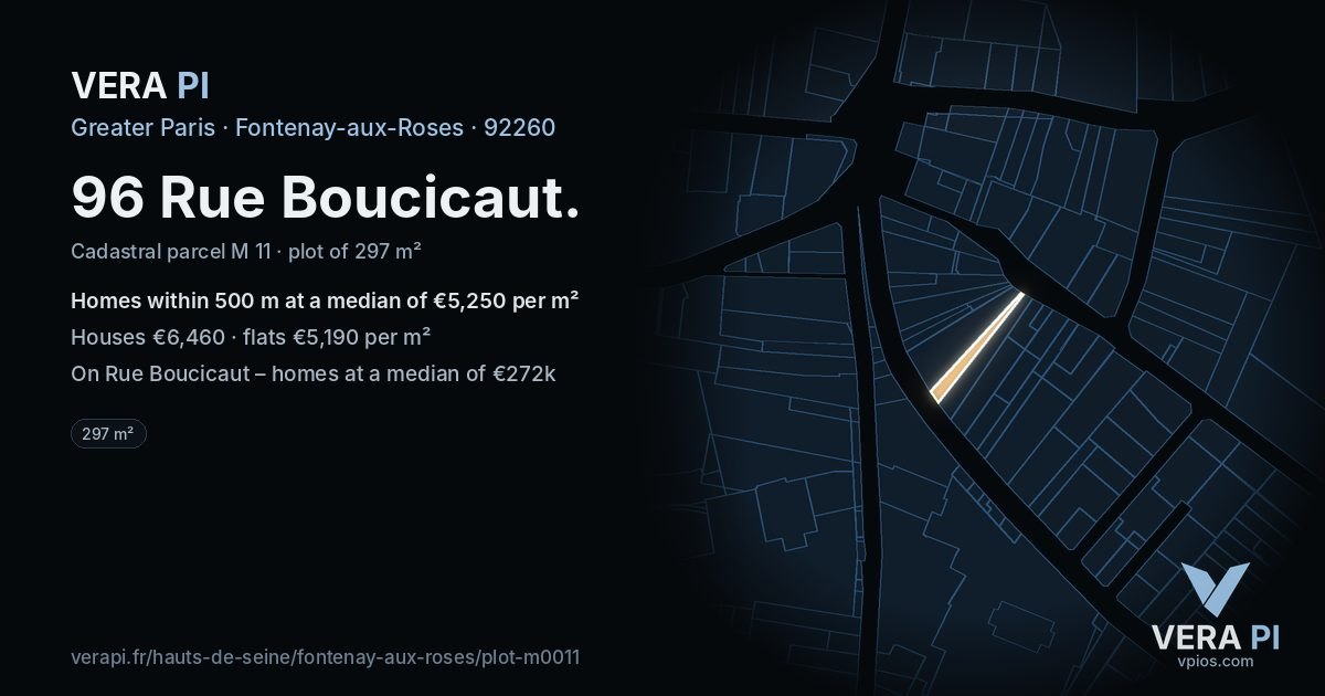 96 Rue Boucicaut, Fontenay-aux-Roses at night – the plot lit, the parcels around coloured by the prices near them