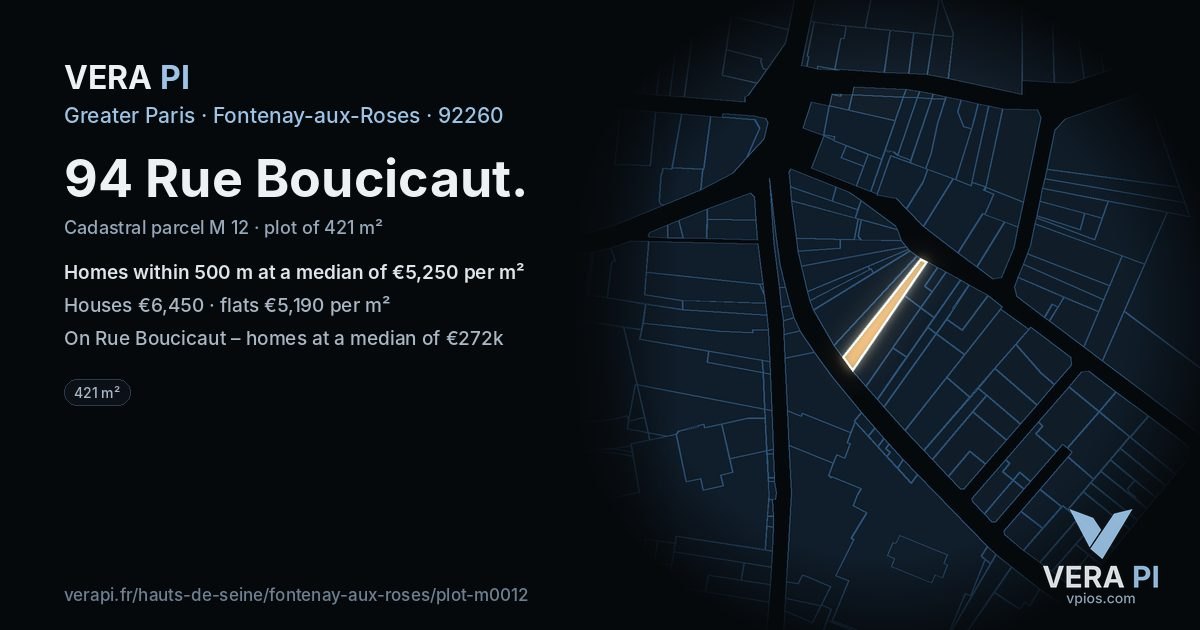 94 Rue Boucicaut, Fontenay-aux-Roses at night – the plot lit, the parcels around coloured by the prices near them