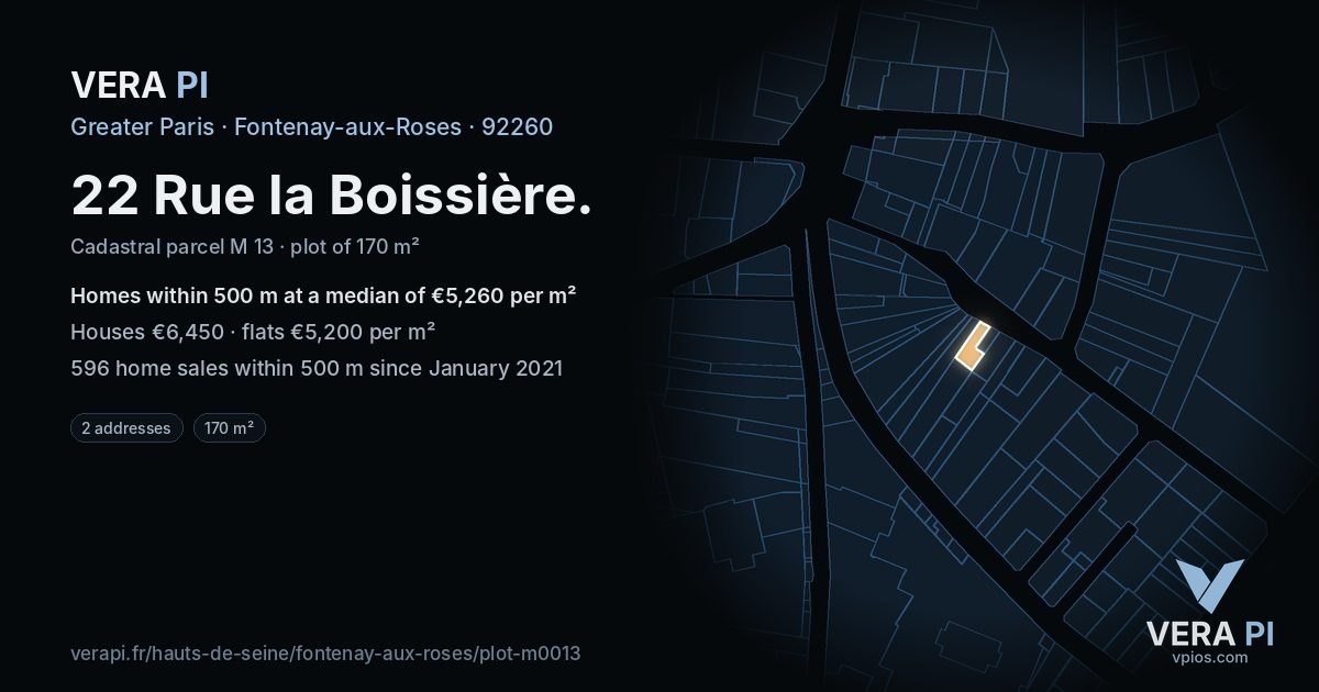 22 Rue la Boissière, Fontenay-aux-Roses at night – the plot lit, the parcels around coloured by the prices near them