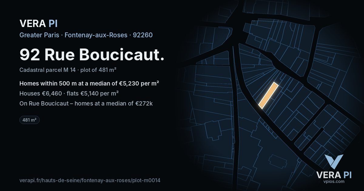92 Rue Boucicaut, Fontenay-aux-Roses at night – the plot lit, the parcels around coloured by the prices near them