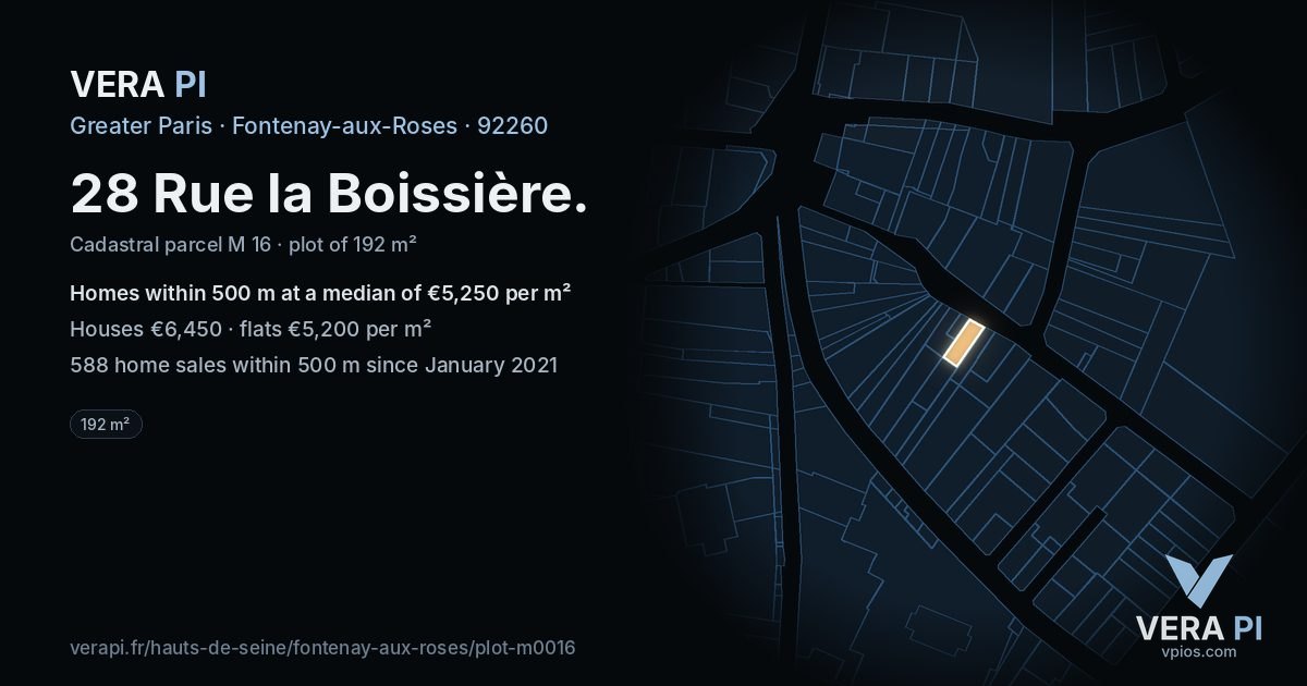 28 Rue la Boissière, Fontenay-aux-Roses at night – the plot lit, the parcels around coloured by the prices near them