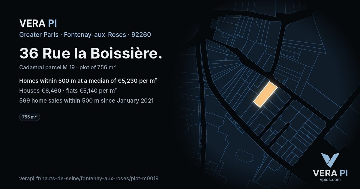 36 Rue la Boissière, Fontenay-aux-Roses at night – the plot lit, the parcels around coloured by the prices near them