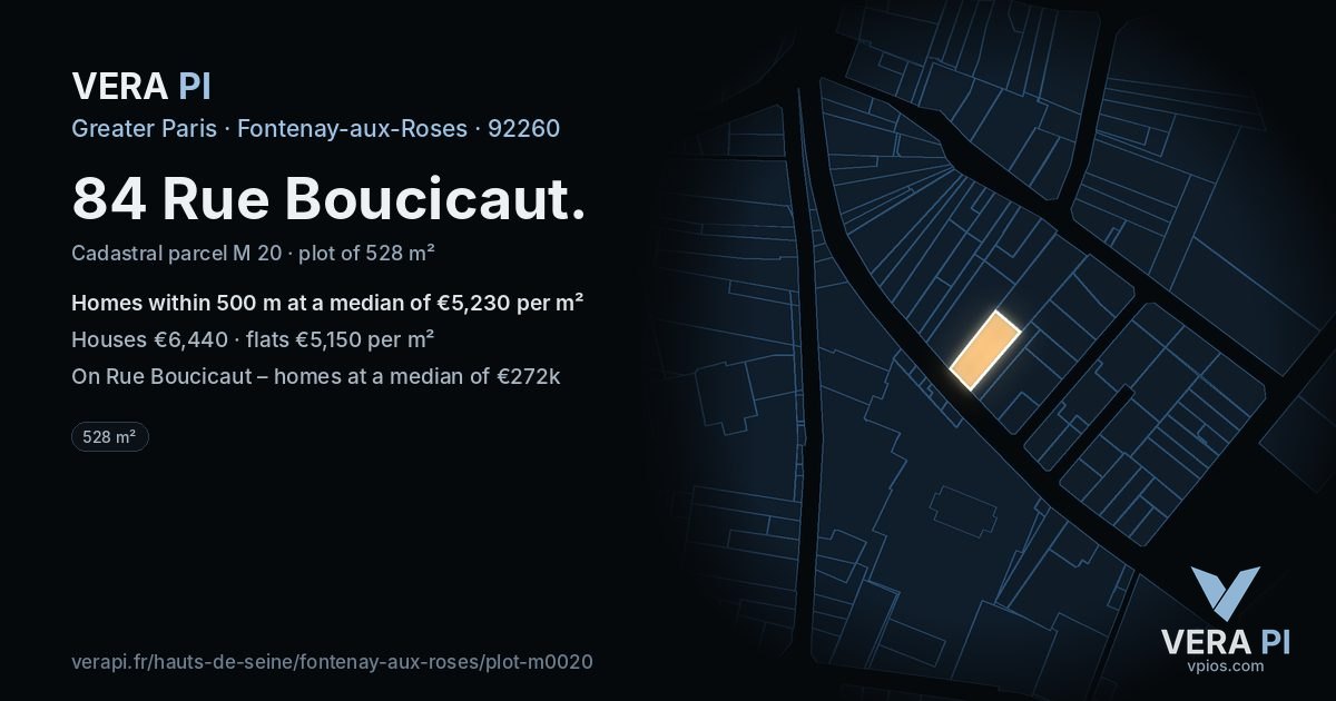 84 Rue Boucicaut, Fontenay-aux-Roses at night – the plot lit, the parcels around coloured by the prices near them