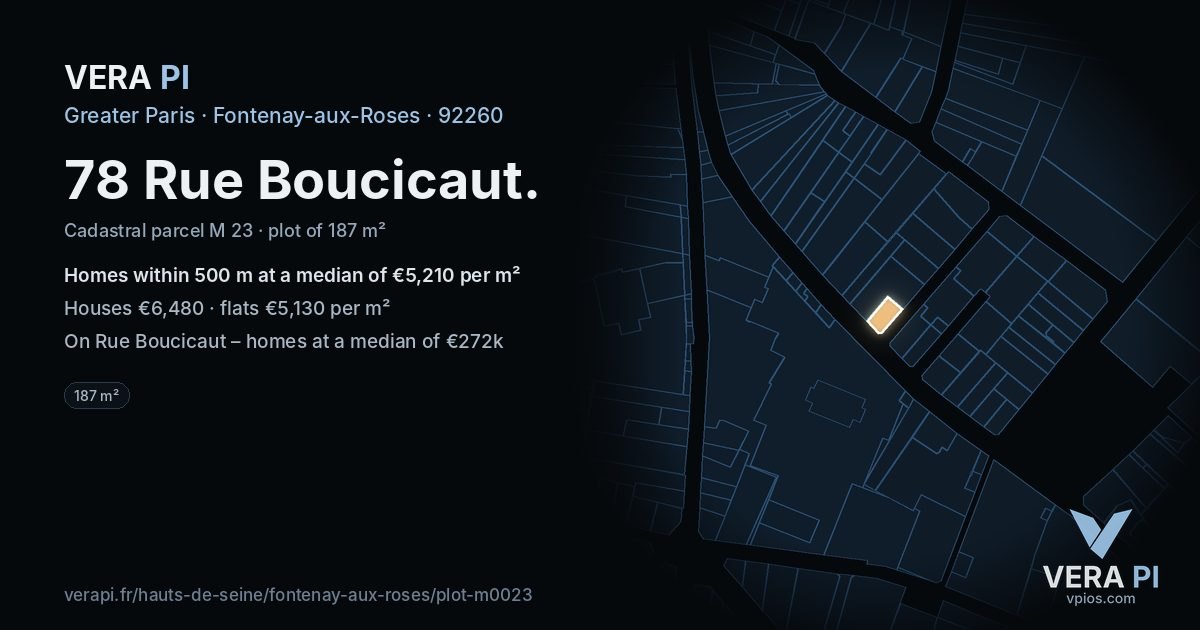 78 Rue Boucicaut, Fontenay-aux-Roses at night – the plot lit, the parcels around coloured by the prices near them