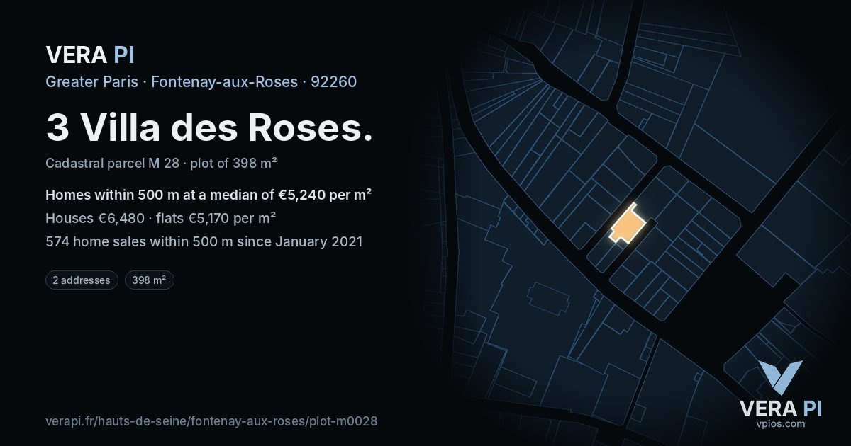 3 Villa des Roses, Fontenay-aux-Roses at night – the plot lit, the parcels around coloured by the prices near them