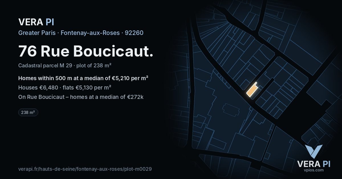 76 Rue Boucicaut, Fontenay-aux-Roses at night – the plot lit, the parcels around coloured by the prices near them