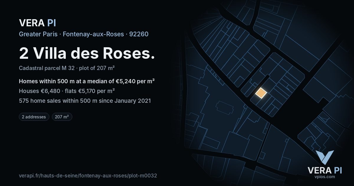 2 Villa des Roses, Fontenay-aux-Roses at night – the plot lit, the parcels around coloured by the prices near them