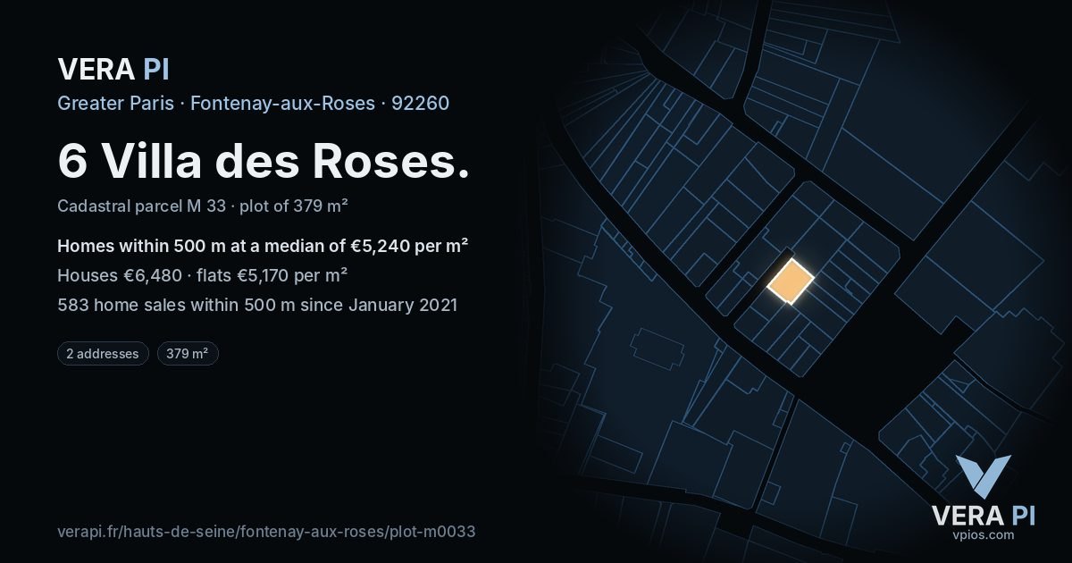6 Villa des Roses, Fontenay-aux-Roses at night – the plot lit, the parcels around coloured by the prices near them