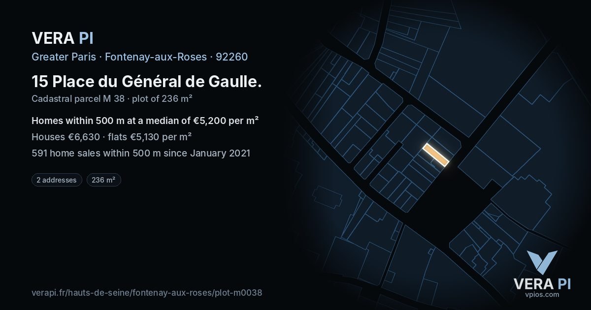 15 Place du Général de Gaulle, Fontenay-aux-Roses at night – the plot lit, the parcels around coloured by the prices near them