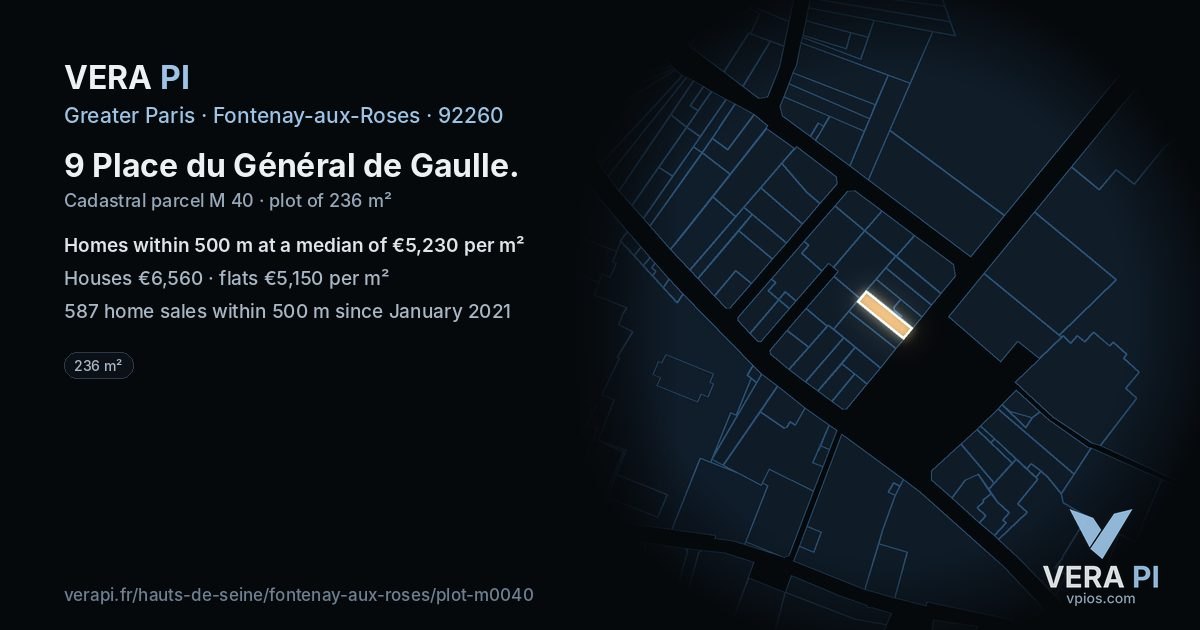 9 Place du Général de Gaulle, Fontenay-aux-Roses at night – the plot lit, the parcels around coloured by the prices near them