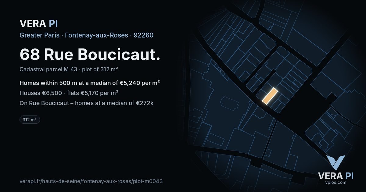 68 Rue Boucicaut, Fontenay-aux-Roses at night – the plot lit, the parcels around coloured by the prices near them