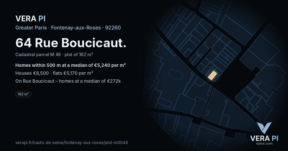 64 Rue Boucicaut, Fontenay-aux-Roses at night – the plot lit, the parcels around coloured by the prices near them
