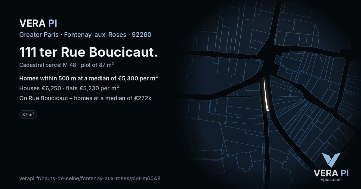 111 ter Rue Boucicaut, Fontenay-aux-Roses at night – the plot lit, the parcels around coloured by the prices near them