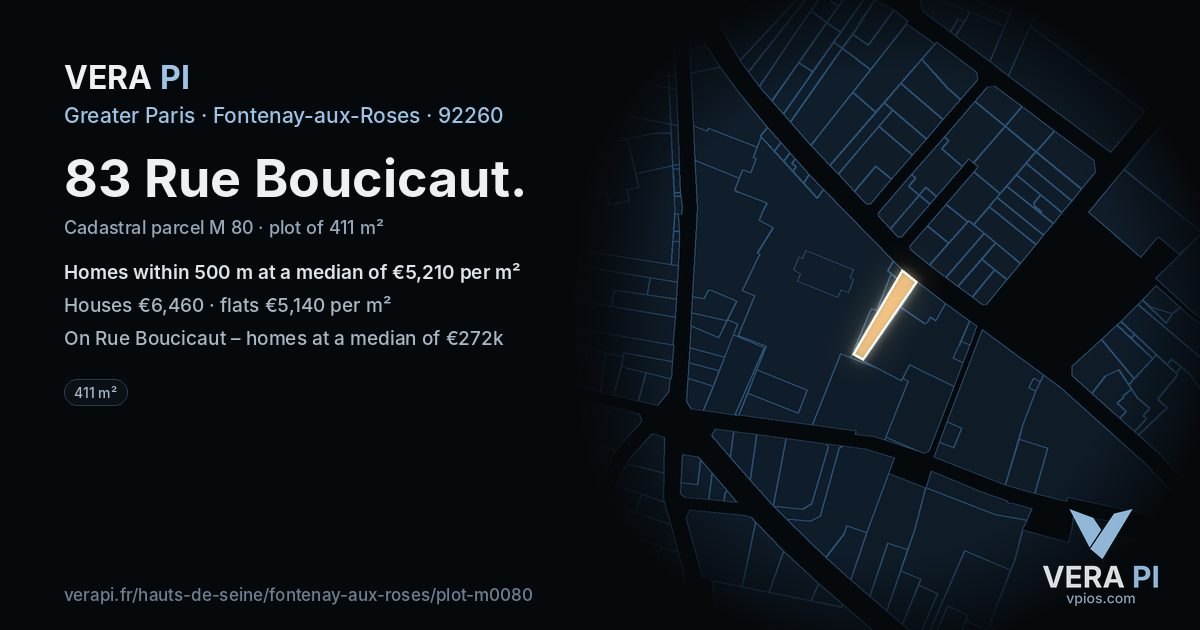 83 Rue Boucicaut, Fontenay-aux-Roses at night – the plot lit, the parcels around coloured by the prices near them