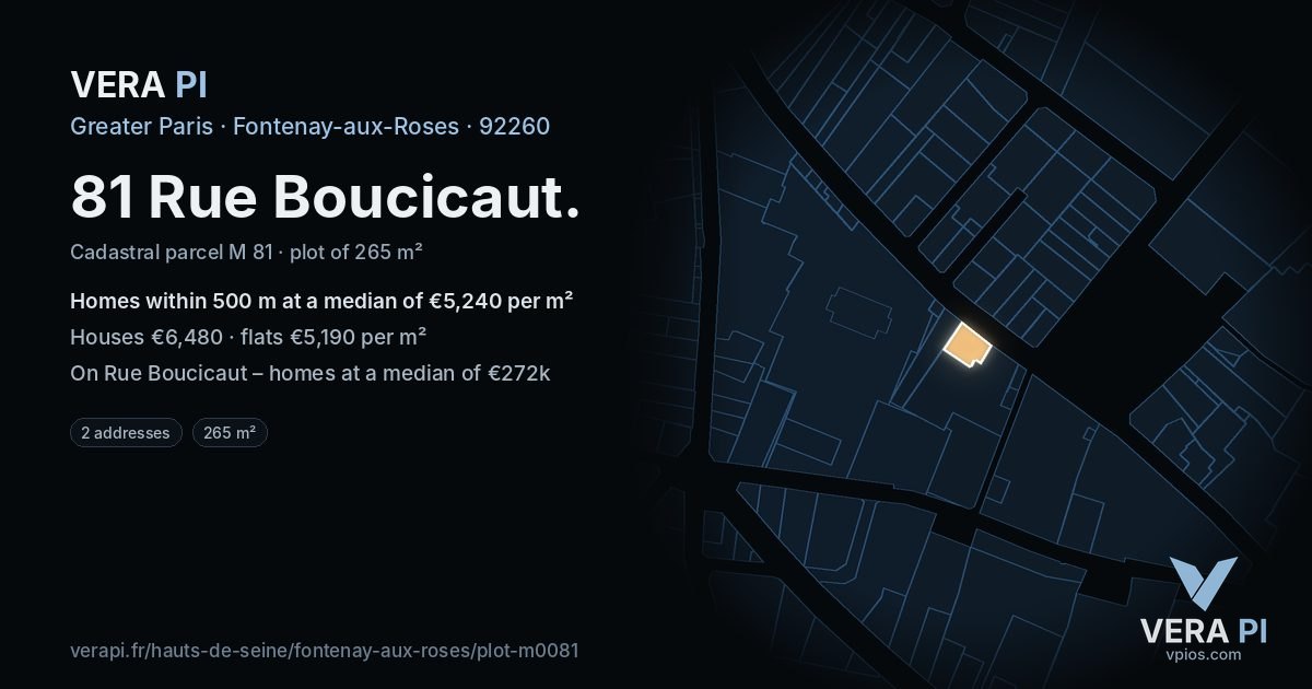 81 Rue Boucicaut, Fontenay-aux-Roses at night – the plot lit, the parcels around coloured by the prices near them