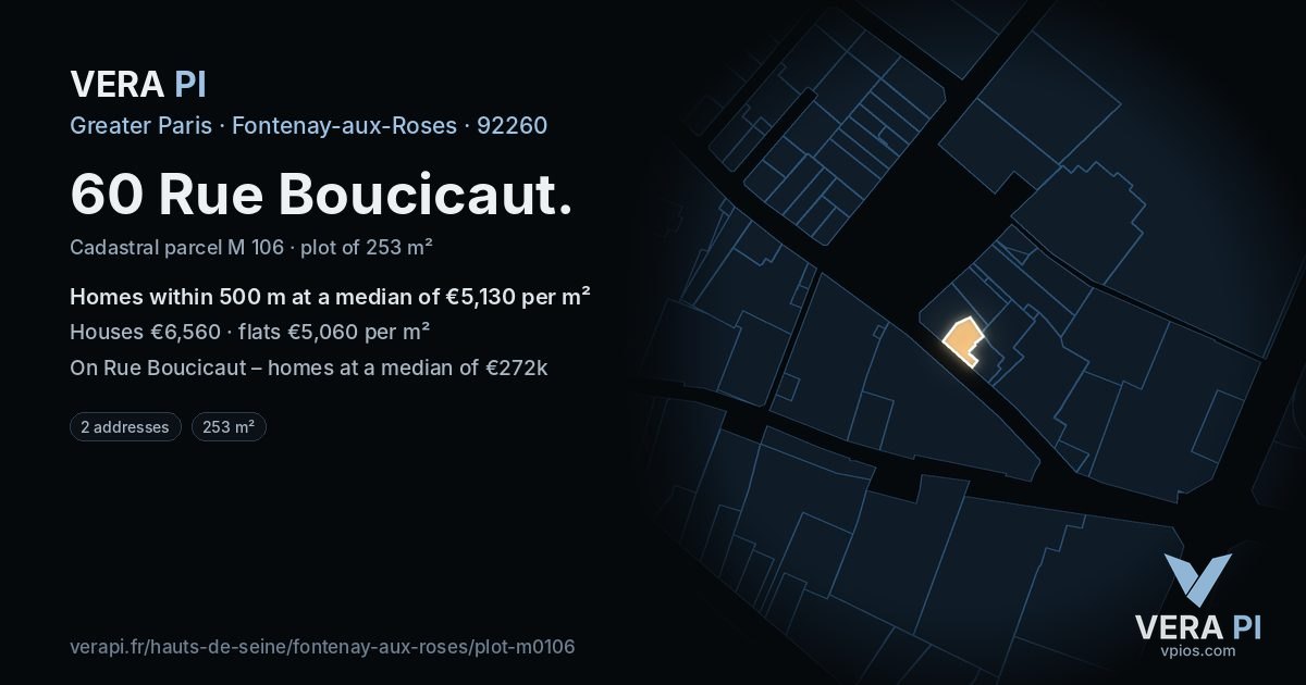 60 Rue Boucicaut, Fontenay-aux-Roses at night – the plot lit, the parcels around coloured by the prices near them
