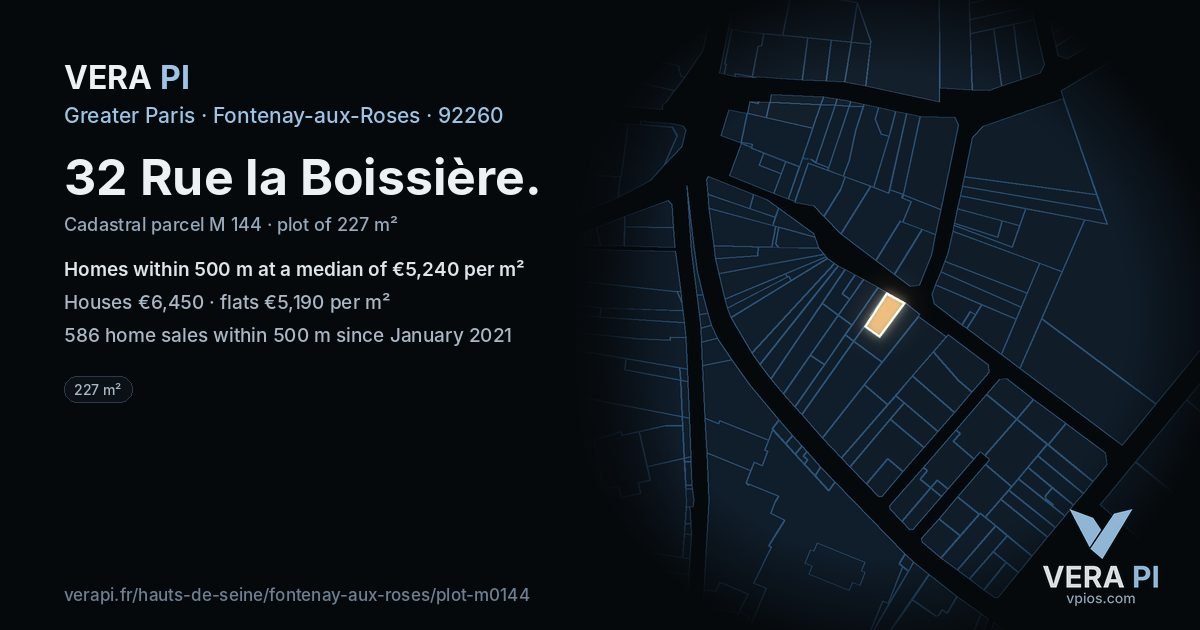 32 Rue la Boissière, Fontenay-aux-Roses at night – the plot lit, the parcels around coloured by the prices near them