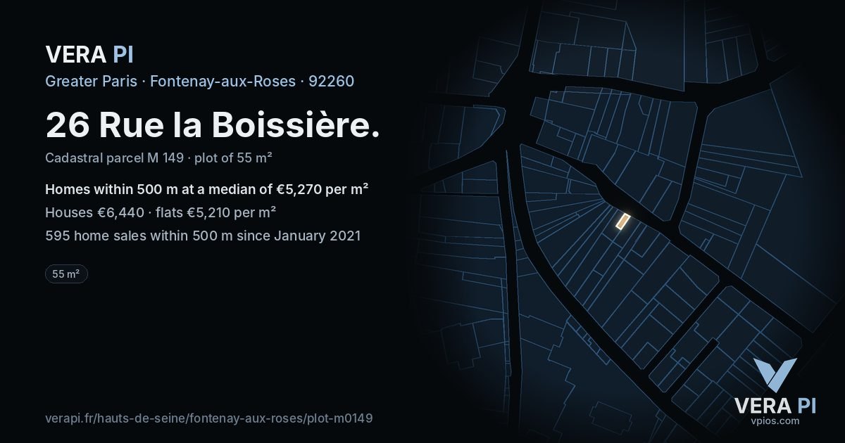 26 Rue la Boissière, Fontenay-aux-Roses at night – the plot lit, the parcels around coloured by the prices near them