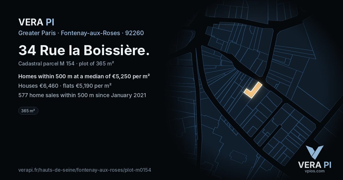 34 Rue la Boissière, Fontenay-aux-Roses at night – the plot lit, the parcels around coloured by the prices near them