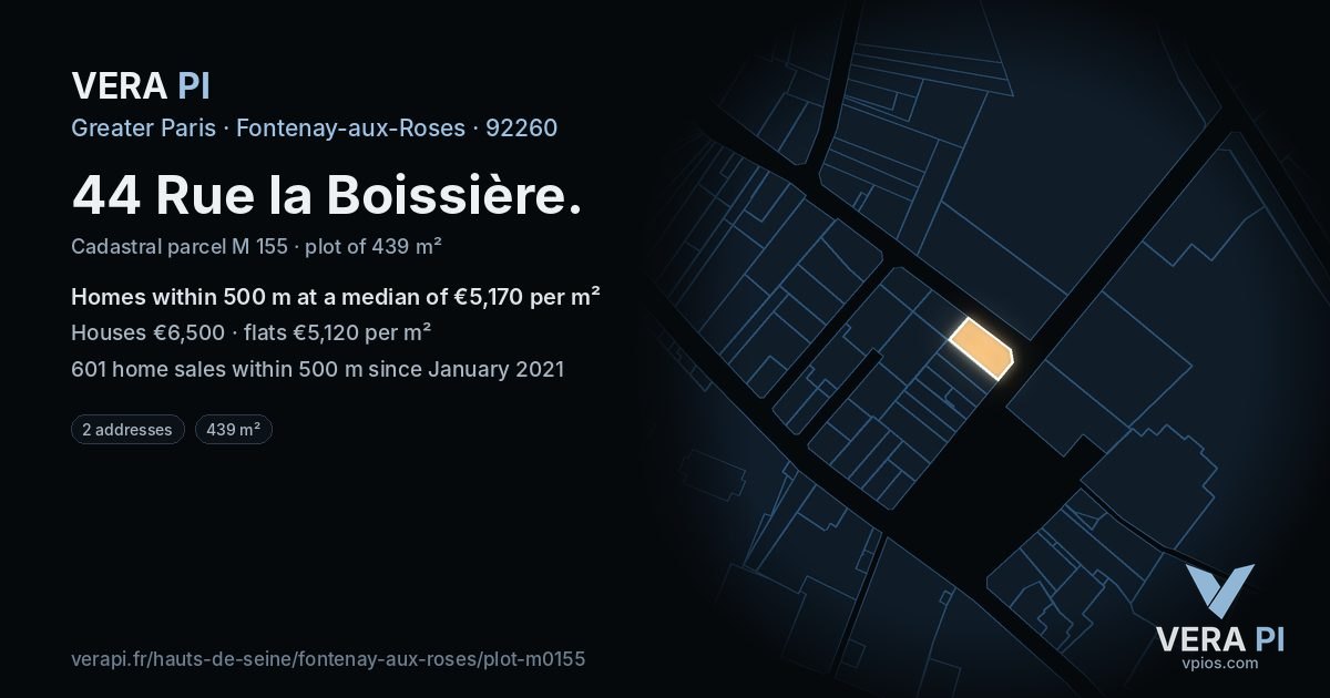 44 Rue la Boissière, Fontenay-aux-Roses at night – the plot lit, the parcels around coloured by the prices near them