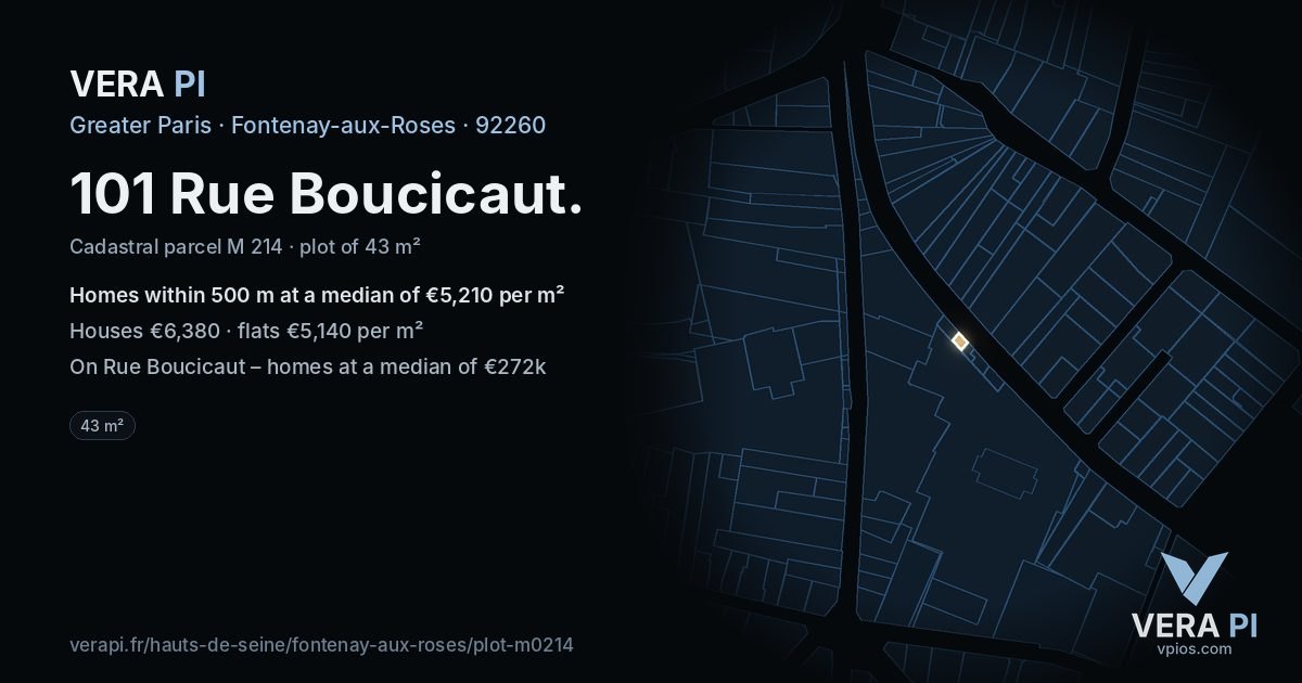101 Rue Boucicaut, Fontenay-aux-Roses at night – the plot lit, the parcels around coloured by the prices near them