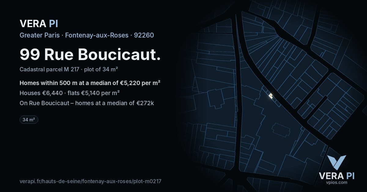 99 Rue Boucicaut, Fontenay-aux-Roses at night – the plot lit, the parcels around coloured by the prices near them