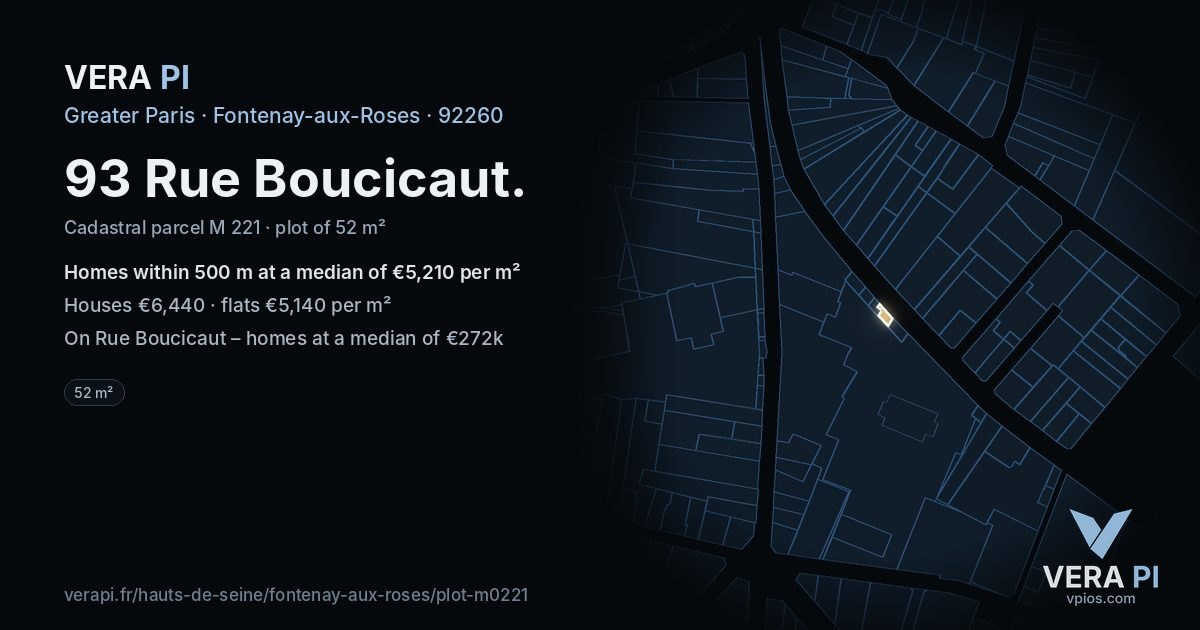 93 Rue Boucicaut, Fontenay-aux-Roses at night – the plot lit, the parcels around coloured by the prices near them