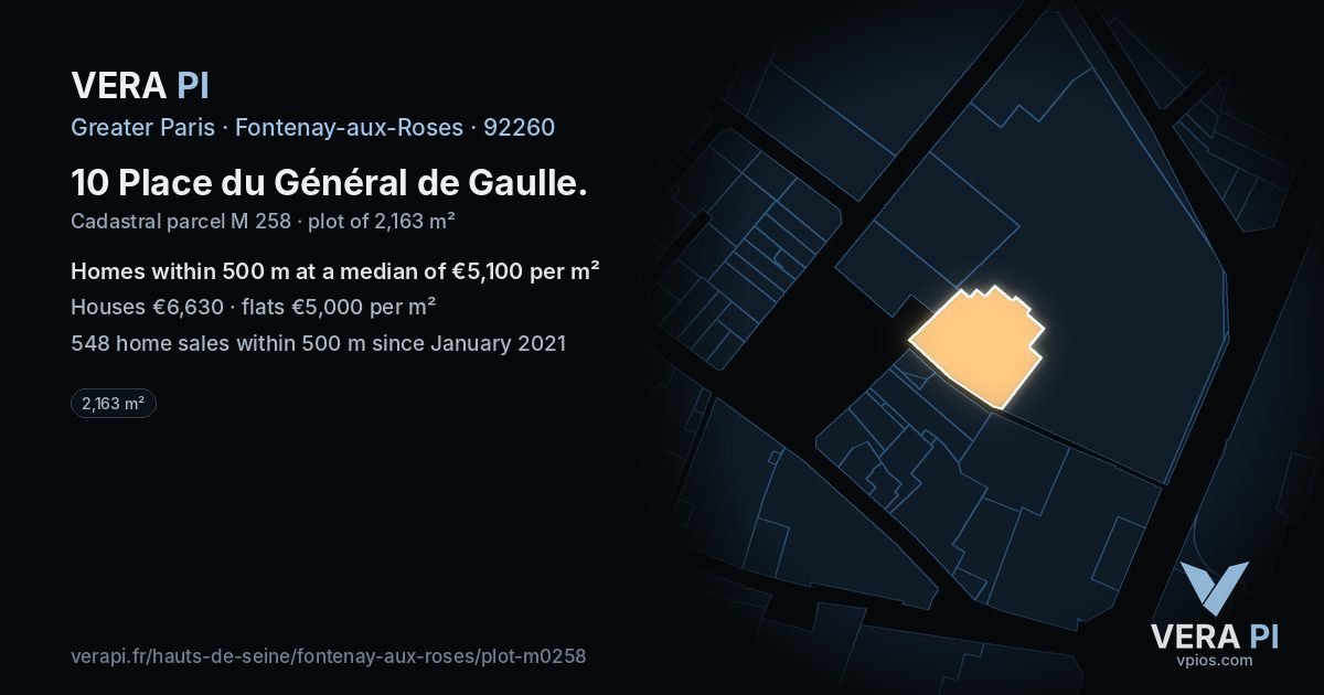 10 Place du Général de Gaulle, Fontenay-aux-Roses at night – the plot lit, the parcels around coloured by the prices near them