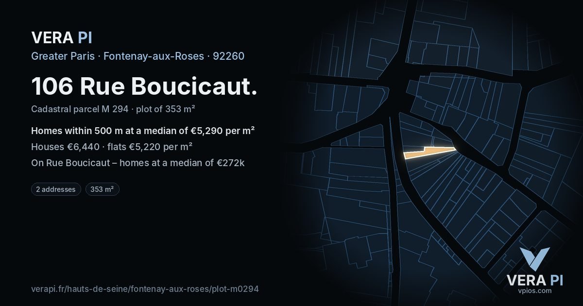 106 Rue Boucicaut, Fontenay-aux-Roses at night – the plot lit, the parcels around coloured by the prices near them