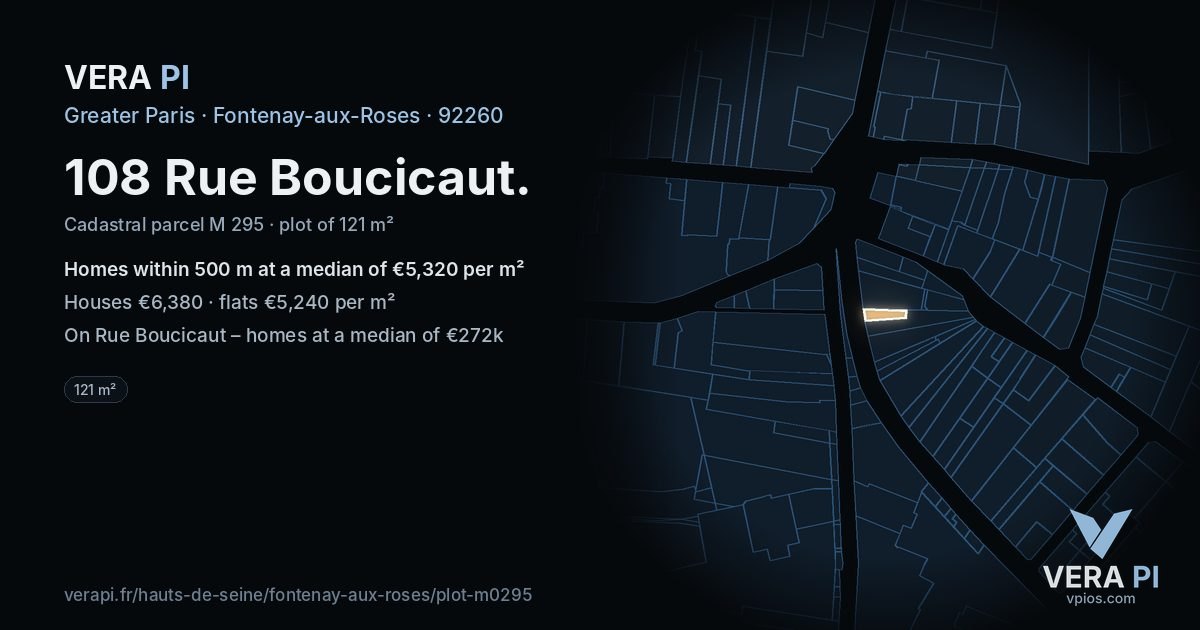 108 Rue Boucicaut, Fontenay-aux-Roses at night – the plot lit, the parcels around coloured by the prices near them