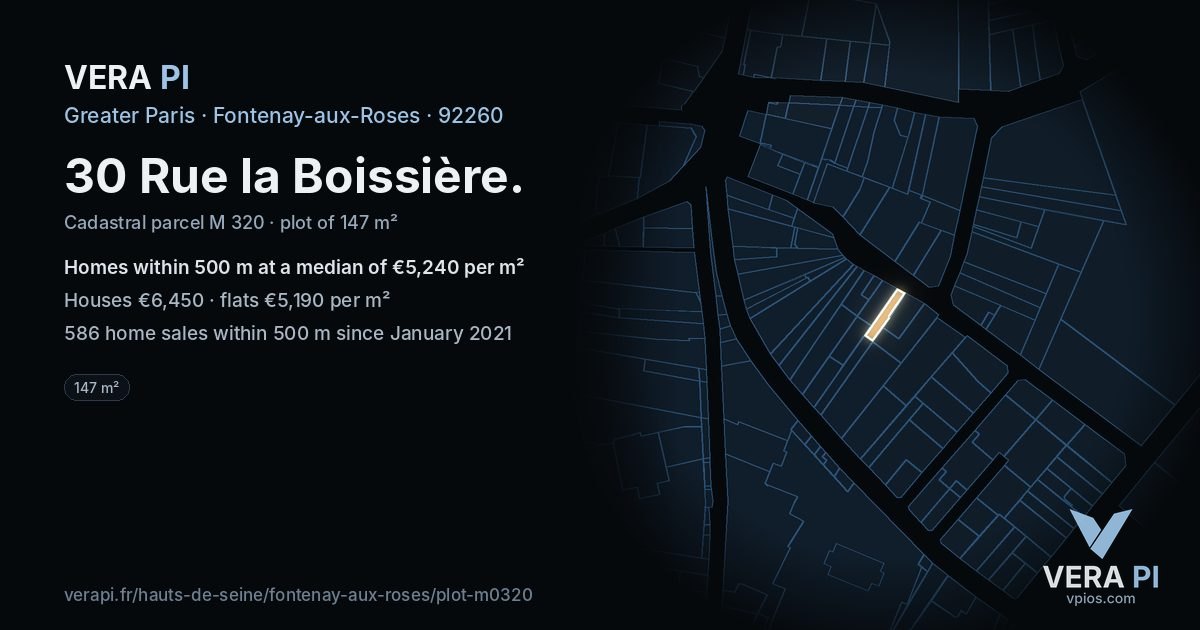 30 Rue la Boissière, Fontenay-aux-Roses at night – the plot lit, the parcels around coloured by the prices near them