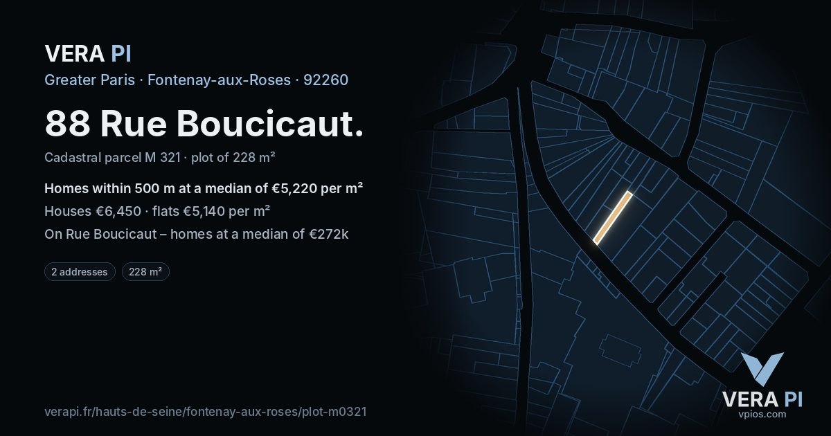 88 Rue Boucicaut, Fontenay-aux-Roses at night – the plot lit, the parcels around coloured by the prices near them
