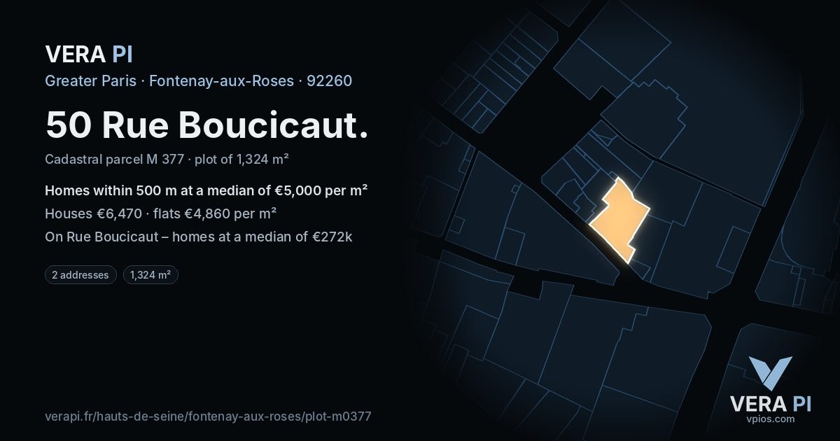 50 Rue Boucicaut, Fontenay-aux-Roses at night – the plot lit, the parcels around coloured by the prices near them