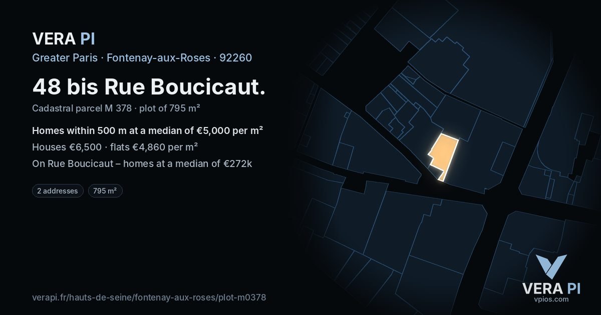 48 bis Rue Boucicaut, Fontenay-aux-Roses at night – the plot lit, the parcels around coloured by the prices near them