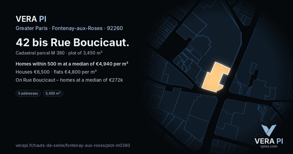 42 bis Rue Boucicaut, Fontenay-aux-Roses at night – the plot lit, the parcels around coloured by the prices near them