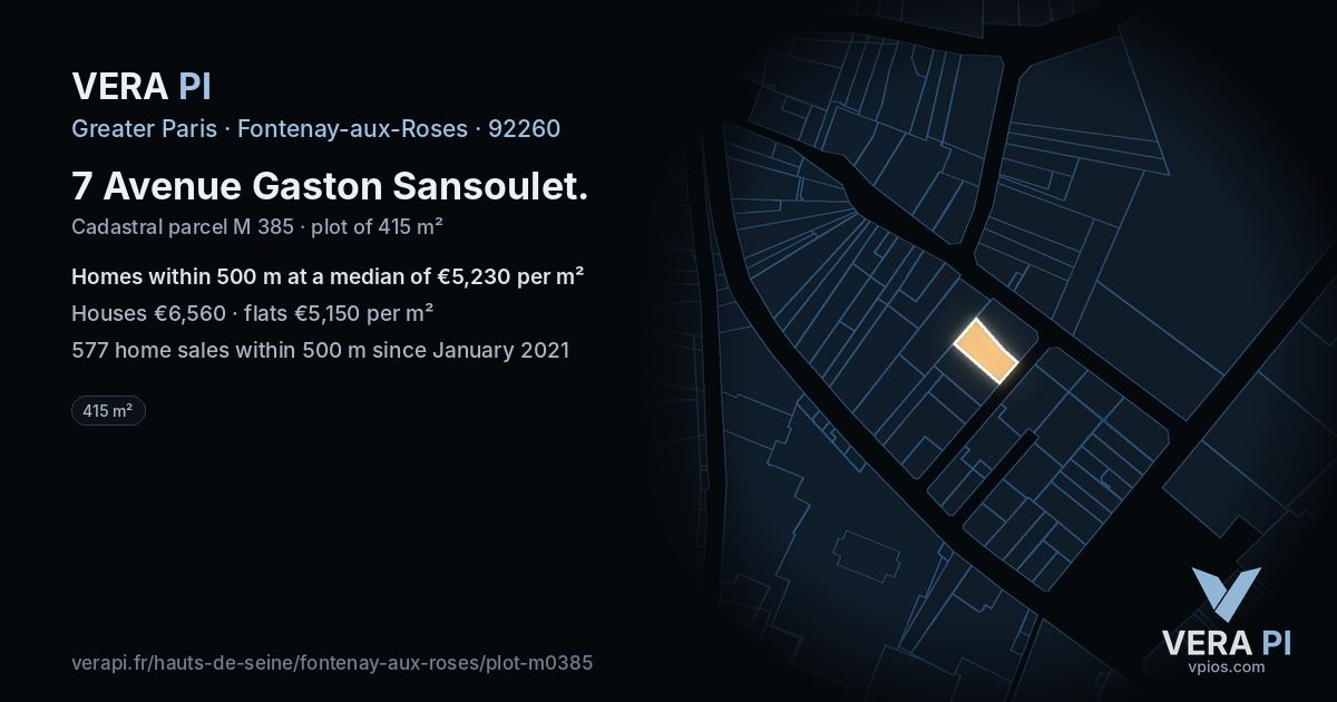 7 Avenue Gaston Sansoulet, Fontenay-aux-Roses at night – the plot lit, the parcels around coloured by the prices near them