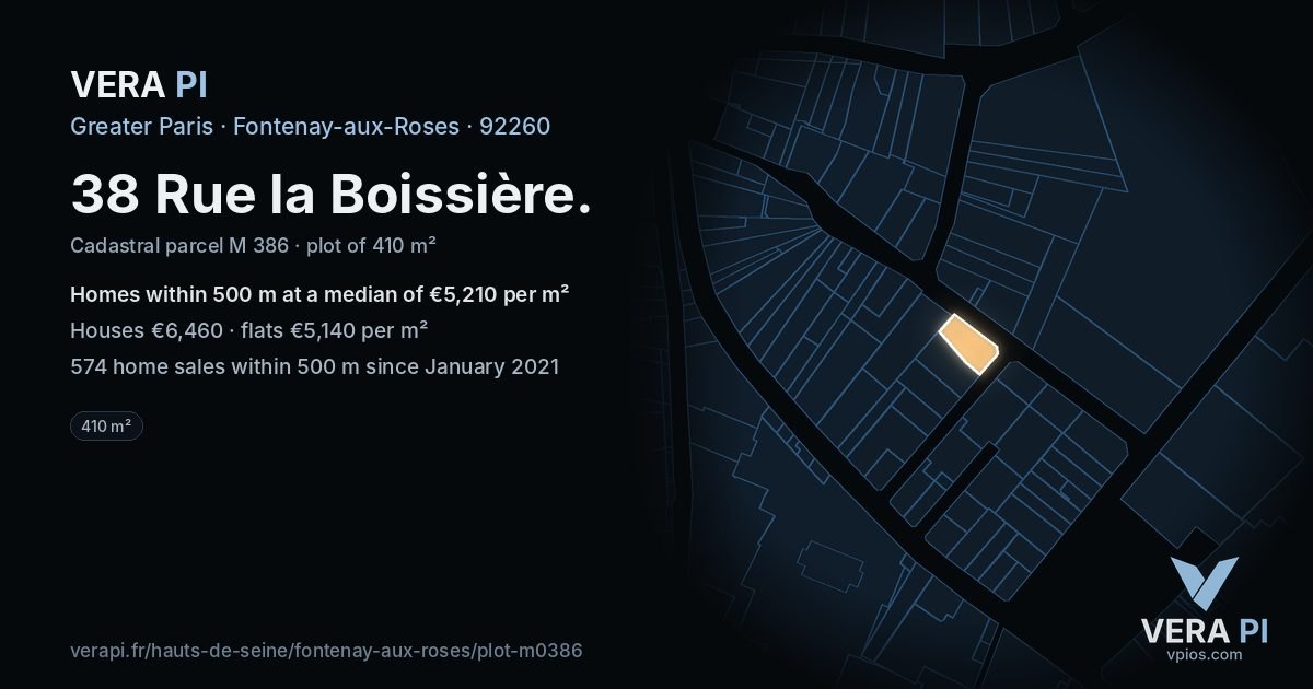 38 Rue la Boissière, Fontenay-aux-Roses at night – the plot lit, the parcels around coloured by the prices near them