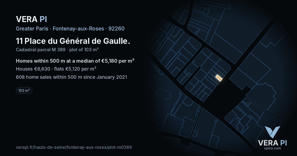 11 Place du Général de Gaulle, Fontenay-aux-Roses at night – the plot lit, the parcels around coloured by the prices near them