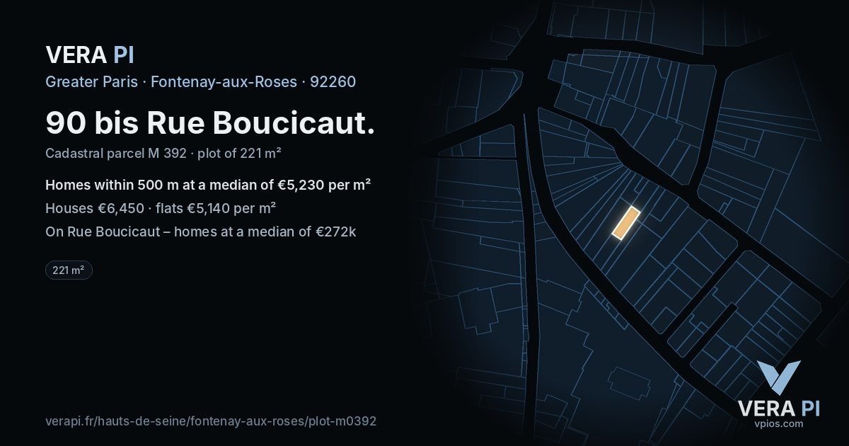 90 bis Rue Boucicaut, Fontenay-aux-Roses at night – the plot lit, the parcels around coloured by the prices near them