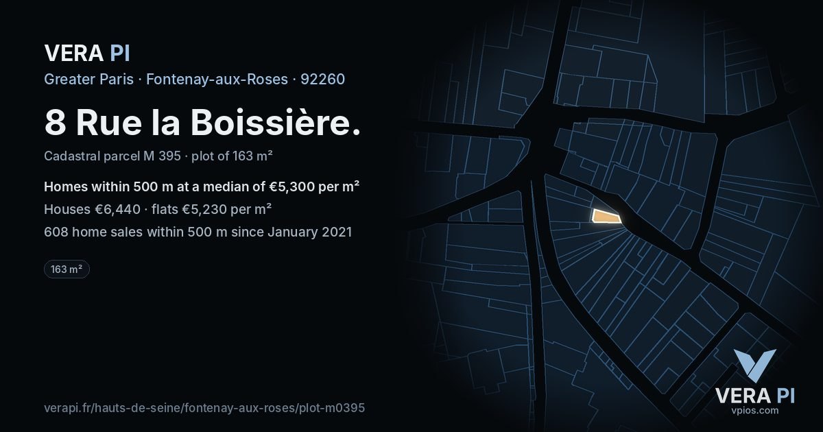 8 Rue la Boissière, Fontenay-aux-Roses at night – the plot lit, the parcels around coloured by the prices near them