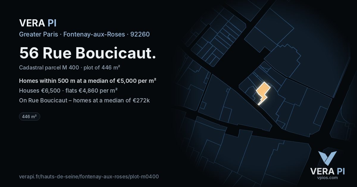 56 Rue Boucicaut, Fontenay-aux-Roses at night – the plot lit, the parcels around coloured by the prices near them