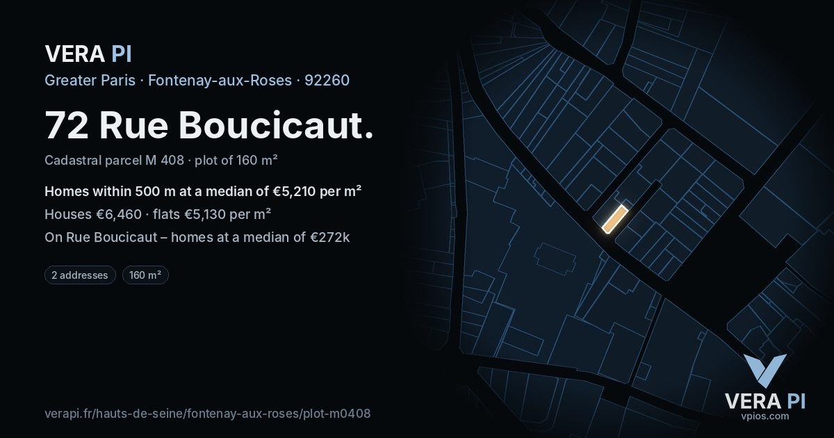 72 Rue Boucicaut, Fontenay-aux-Roses at night – the plot lit, the parcels around coloured by the prices near them