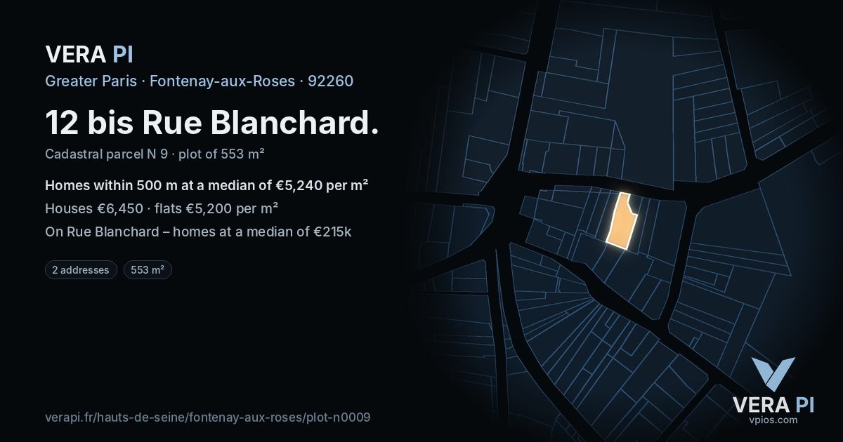 12 bis Rue Blanchard, Fontenay-aux-Roses at night – the plot lit, the parcels around coloured by the prices near them