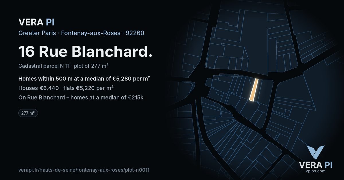 16 Rue Blanchard, Fontenay-aux-Roses at night – the plot lit, the parcels around coloured by the prices near them