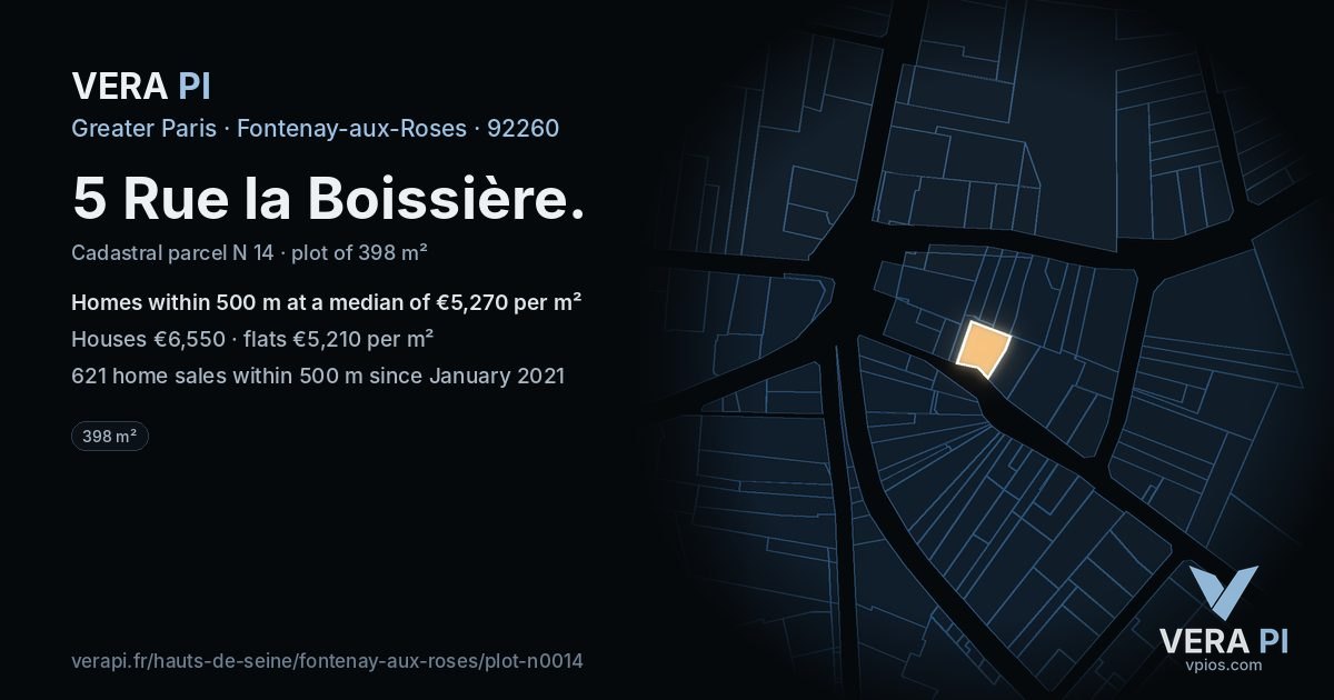 5 Rue la Boissière, Fontenay-aux-Roses at night – the plot lit, the parcels around coloured by the prices near them